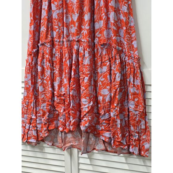 Free People Way of the Wind Printed Midi Skirt Orange Blue Floral Smocked Waist - Picture 7 of 9